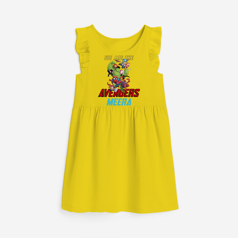 Celebrate The Super Kids Theme With "We are the AVENGERS" Personalized Frock for your Baby - YELLOW - 0 - 6 Months Old (Chest 18")