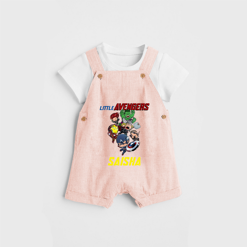 Celebrate The Super Kids Theme With "Little Avengers" Personalized Dungaree set for your Baby - PEACH - 0 - 5 Months Old (Chest 17")