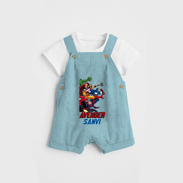 Celebrate The Super Kids Theme With "AVENGER" Personalized Dungaree set for your Baby - ARCTIC BLUE - 0 - 5 Months Old (Chest 17")