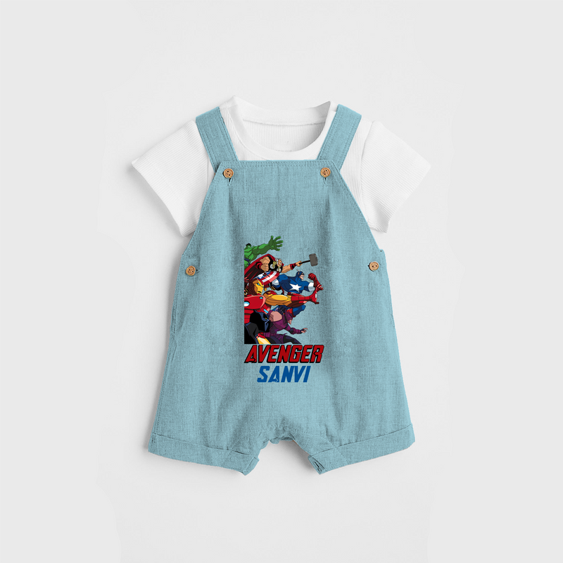 Celebrate The Super Kids Theme With "AVENGER" Personalized Dungaree set for your Baby - ARCTIC BLUE - 0 - 5 Months Old (Chest 17")