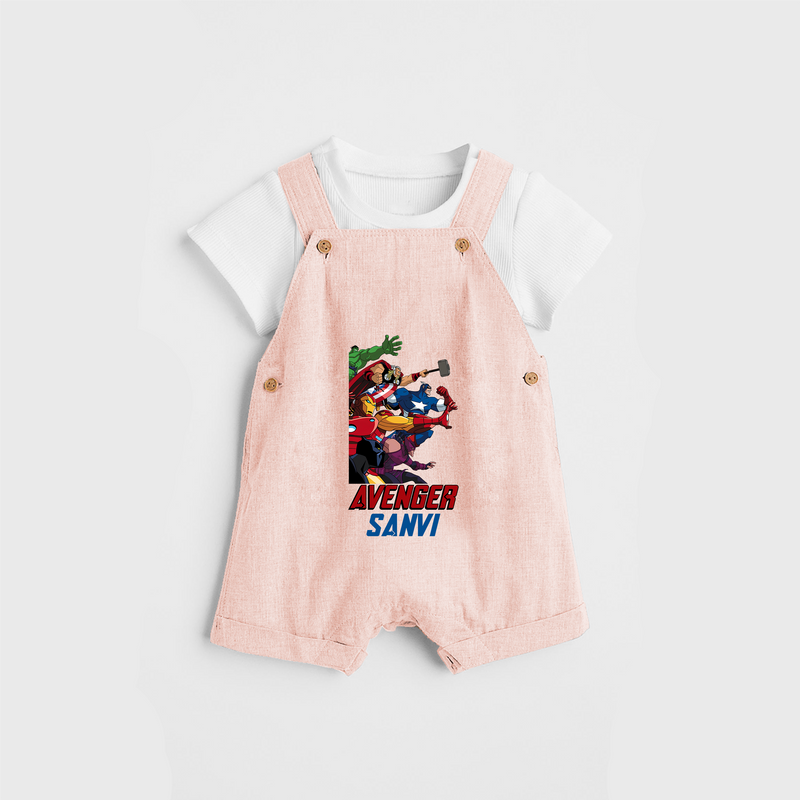 Celebrate The Super Kids Theme With "AVENGER" Personalized Dungaree set for your Baby - PEACH - 0 - 5 Months Old (Chest 17")