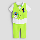 First Year Space Themed Customized Waist Coat With Name For Kids - LIME GREEN - 1 Year Old (Waist Coat - Chest 22"/Pant Length 17"/Pant Waist 21")