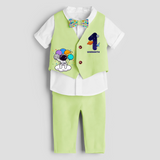 First Year Space Themed Customized Waist Coat With Name For Kids - PASTEL GREEN - 1 Year Old (Waist Coat - Chest 22"/Pant Length 17"/Pant Waist 21")