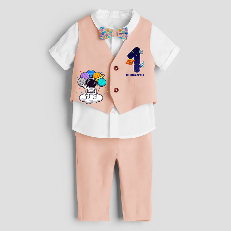 First Year Space Themed Customized Waist Coat With Name For Kids - PEACH - 1 Year Old (Waist Coat - Chest 22"/Pant Length 17"/Pant Waist 21")