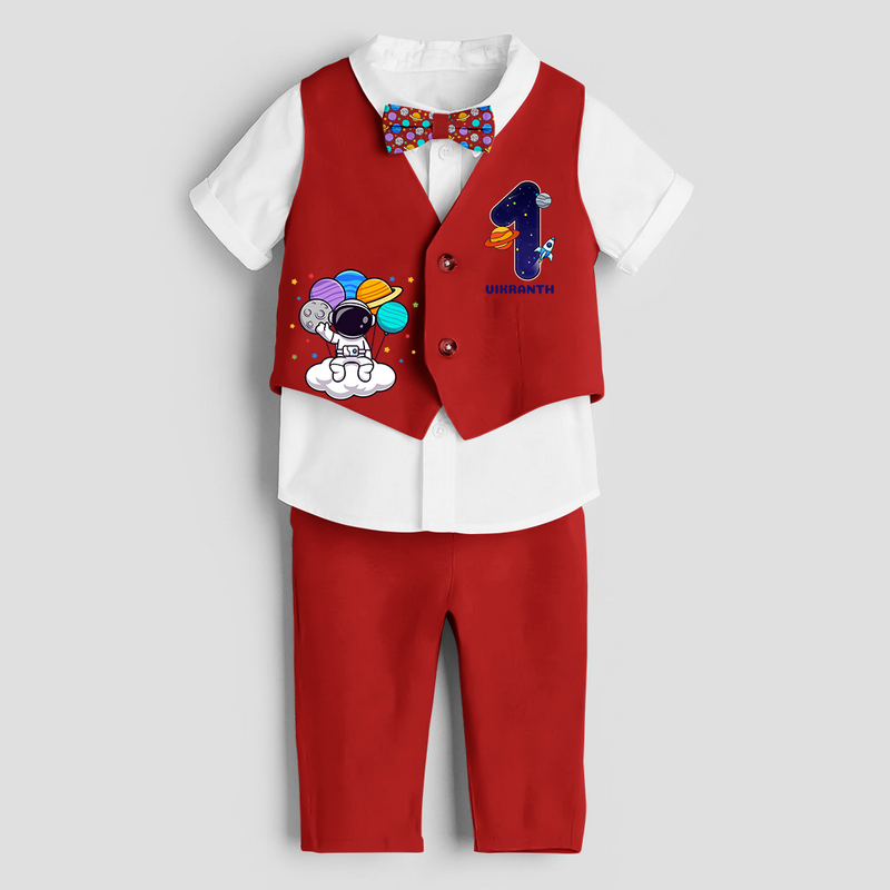 First Year Space Themed Customized Waist Coat With Name For Kids - RED - 1 Year Old (Waist Coat - Chest 22"/Pant Length 17"/Pant Waist 21")