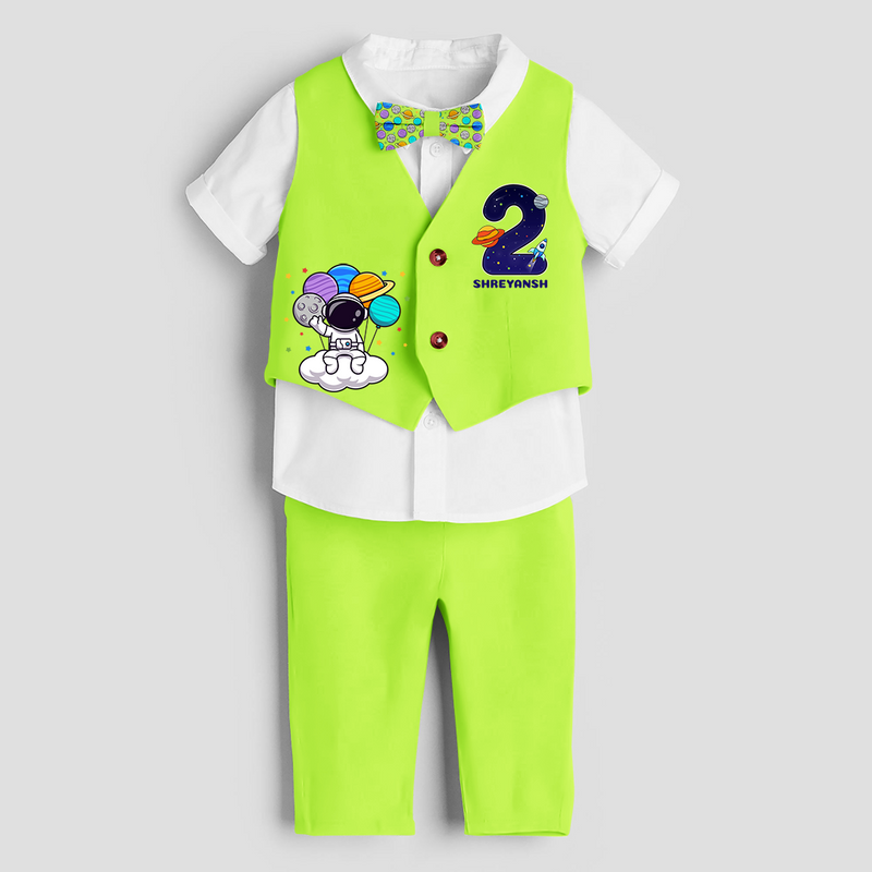 Second Year Space Themed Customized Waist Coat With Name For Kids - LIME GREEN - 1 Year Old (Waist Coat - Chest 22"/Pant Length 17"/Pant Waist 21")