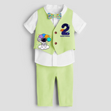 Second Year Space Themed Customized Waist Coat With Name For Kids - PASTEL GREEN - 1 Year Old (Waist Coat - Chest 22"/Pant Length 17"/Pant Waist 21")