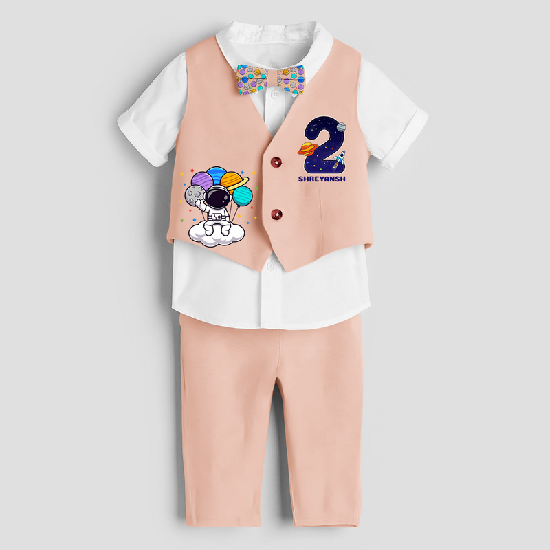 Second Year Space Themed Customized Waist Coat With Name For Kids - PEACH - 1 Year Old (Waist Coat - Chest 22"/Pant Length 17"/Pant Waist 21")