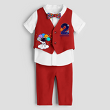 Second Year Space Themed Customized Waist Coat With Name For Kids - RED - 1 Year Old (Waist Coat - Chest 22"/Pant Length 17"/Pant Waist 21")