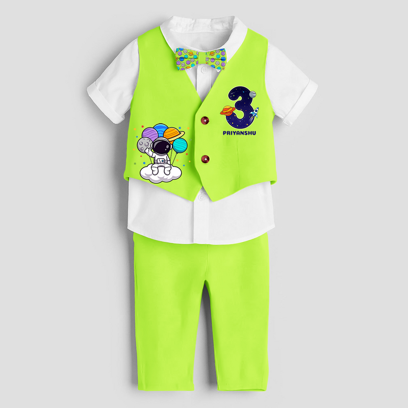 Third Year SpaceThemed Customized Waist Coat With Name For Kids - LIME GREEN - 1 Year Old (Waist Coat - Chest 22"/Pant Length 17"/Pant Waist 21")