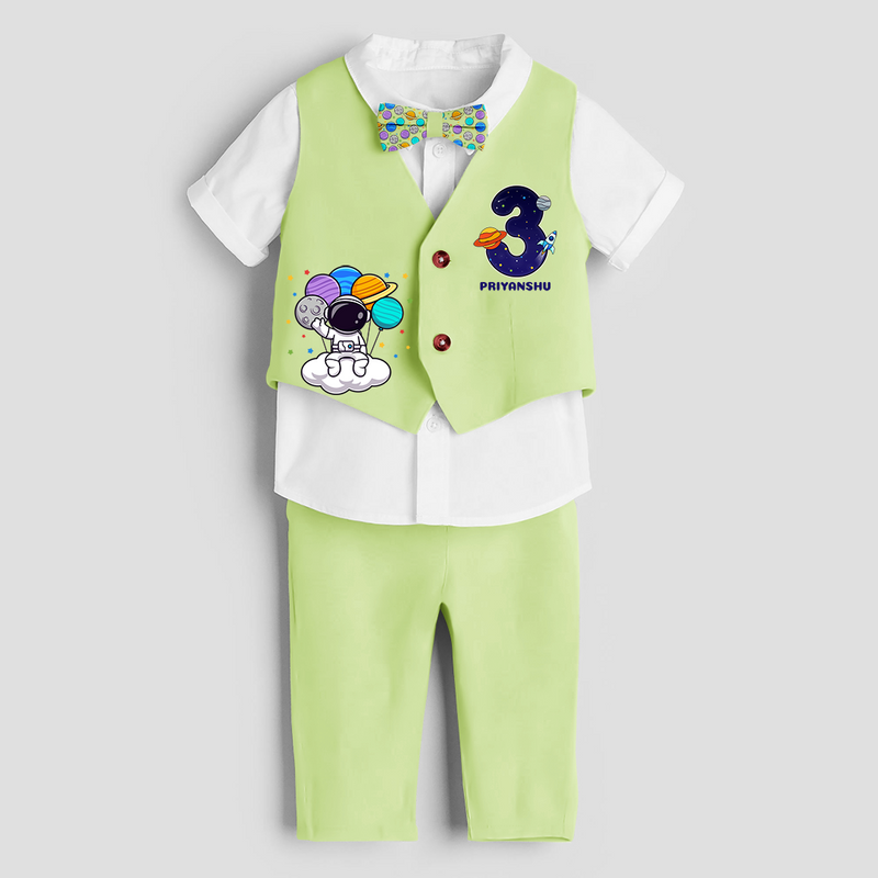 Third Year SpaceThemed Customized Waist Coat With Name For Kids - PASTEL GREEN - 1 Year Old (Waist Coat - Chest 22"/Pant Length 17"/Pant Waist 21")