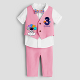 Third Year SpaceThemed Customized Waist Coat With Name For Kids - PINK - 1 Year Old (Waist Coat - Chest 22"/Pant Length 17"/Pant Waist 21")