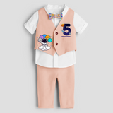 Fifth Year SpaceThemed Customized Waist Coat With Name For Kids - PEACH - 1 Year Old (Waist Coat - Chest 22"/Pant Length 17"/Pant Waist 21")