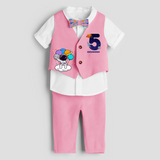 Fifth Year SpaceThemed Customized Waist Coat With Name For Kids - PINK - 1 Year Old (Waist Coat - Chest 22"/Pant Length 17"/Pant Waist 21")