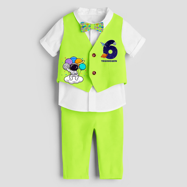 Sixth Year SpaceThemed Customized Waist Coat With Name For Kids - LIME GREEN - 1 Year Old (Waist Coat - Chest 22"/Pant Length 17"/Pant Waist 21")