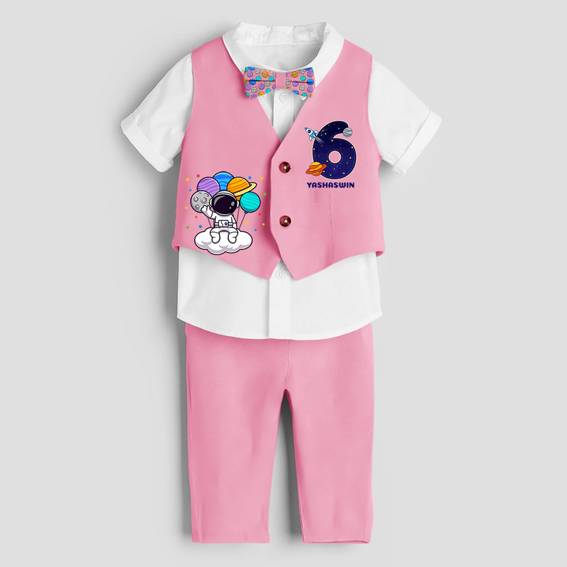 Sixth Year SpaceThemed Customized Waist Coat With Name For Kids - PINK - 1 Year Old (Waist Coat - Chest 22"/Pant Length 17"/Pant Waist 21")