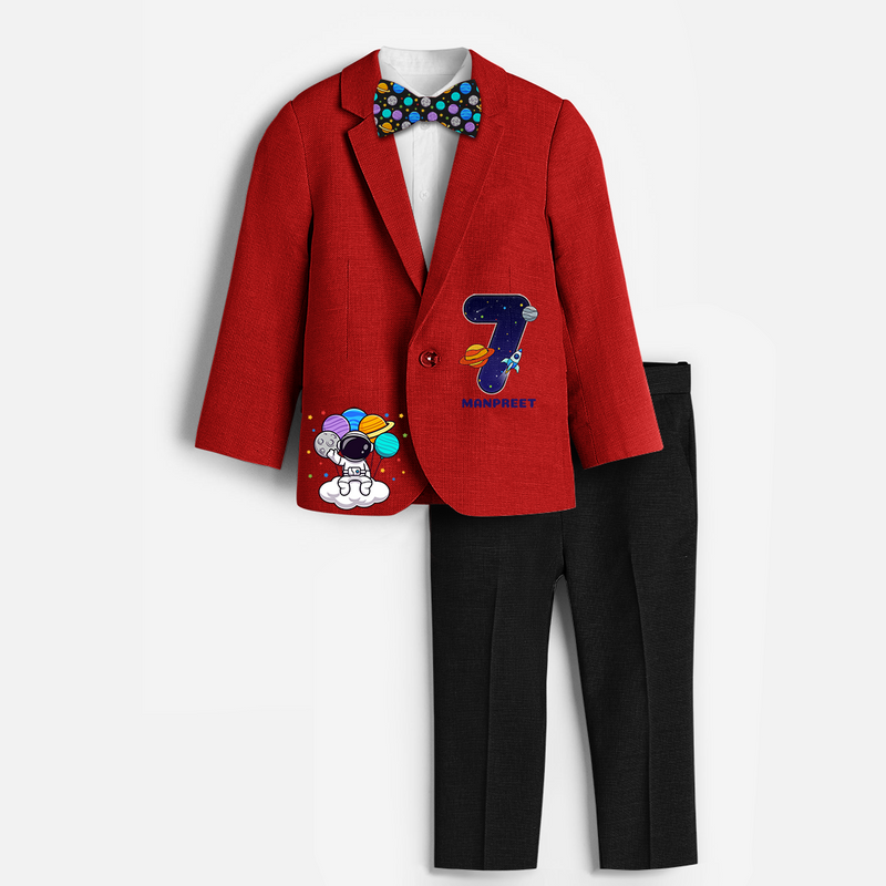 Seventh Year Space Themed Customized Blazer Set With Name For Kids - RED - 1 Year Old (Blazer - Chest 23"/Pant Length 17"/Pant Waist 21")