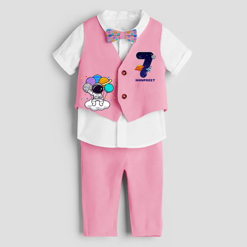 Seventh Year SpaceThemed Customized Waist Coat With Name For Kids - PINK - 1 Year Old (Waist Coat - Chest 22"/Pant Length 17"/Pant Waist 21")