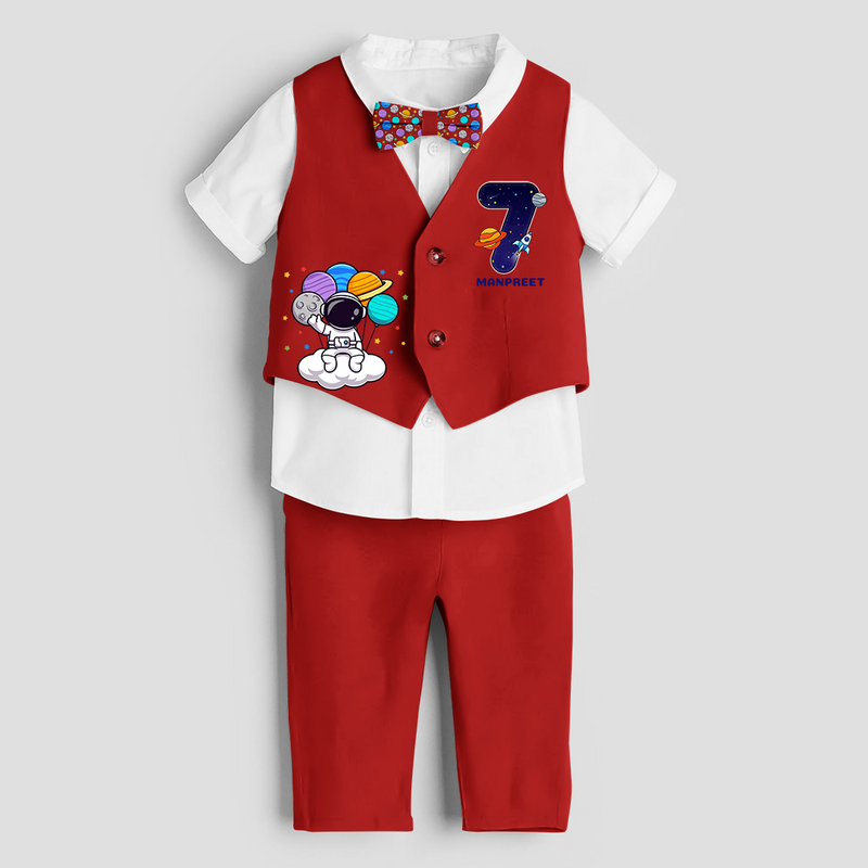 Seventh Year SpaceThemed Customized Waist Coat With Name For Kids - RED - 1 Year Old (Waist Coat - Chest 22"/Pant Length 17"/Pant Waist 21")