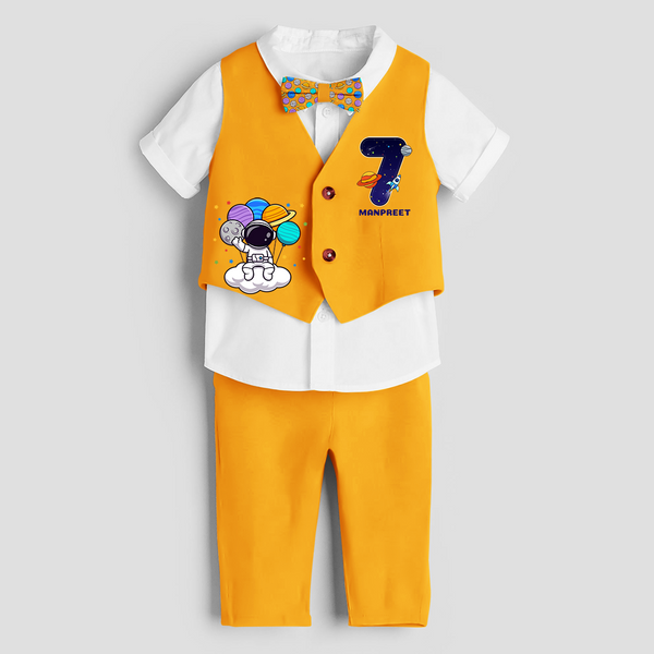 Seventh Year SpaceThemed Customized Waist Coat With Name For Kids - YELLOW - 1 Year Old (Waist Coat - Chest 22"/Pant Length 17"/Pant Waist 21")