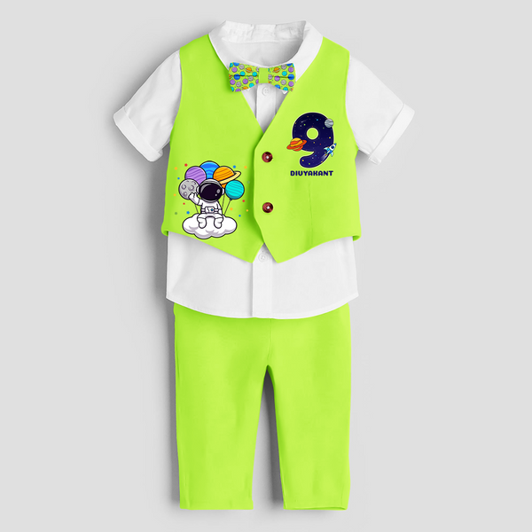 Ninth Year SpaceThemed Customized Waist Coat With Name For Kids - LIME GREEN - 1 Year Old (Waist Coat - Chest 22"/Pant Length 17"/Pant Waist 21")