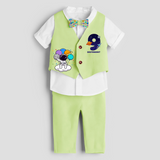 Ninth Year SpaceThemed Customized Waist Coat With Name For Kids - PASTEL GREEN - 1 Year Old (Waist Coat - Chest 22"/Pant Length 17"/Pant Waist 21")