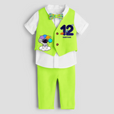 Twelfth Year SpaceThemed Customized Waist Coat With Name For Kids - LIME GREEN - 1 Year Old (Waist Coat - Chest 22"/Pant Length 17"/Pant Waist 21")