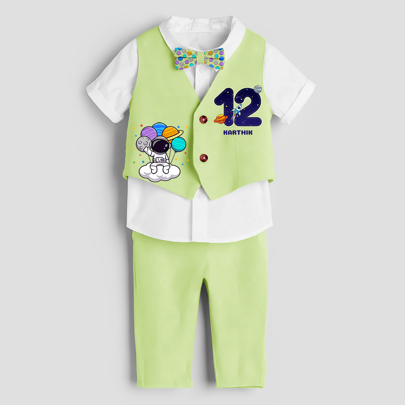 Twelfth Year SpaceThemed Customized Waist Coat With Name For Kids - PASTEL GREEN - 1 Year Old (Waist Coat - Chest 22"/Pant Length 17"/Pant Waist 21")