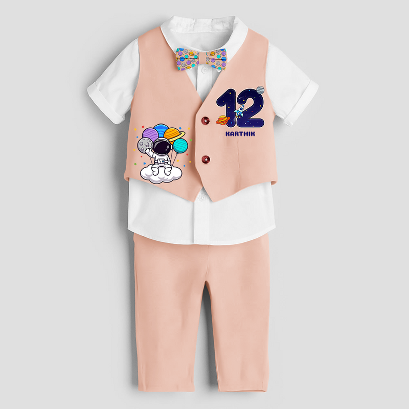 Twelfth Year SpaceThemed Customized Waist Coat With Name For Kids - PEACH - 1 Year Old (Waist Coat - Chest 22"/Pant Length 17"/Pant Waist 21")