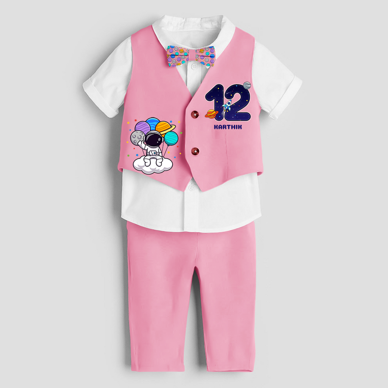 Twelfth Year SpaceThemed Customized Waist Coat With Name For Kids - PINK - 1 Year Old (Waist Coat - Chest 22"/Pant Length 17"/Pant Waist 21")