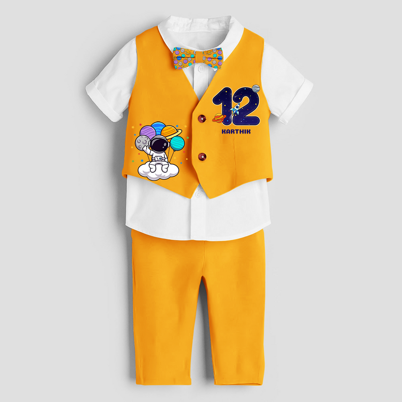 Twelfth Year SpaceThemed Customized Waist Coat With Name For Kids - YELLOW - 1 Year Old (Waist Coat - Chest 22"/Pant Length 17"/Pant Waist 21")