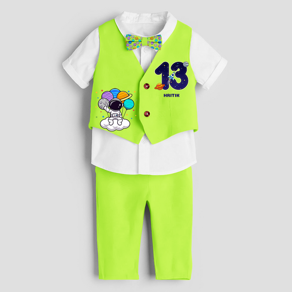 Thirteenth Year SpaceThemed Customized Waist Coat With Name For Kids - LIME GREEN - 1 Year Old (Waist Coat - Chest 22"/Pant Length 17"/Pant Waist 21")