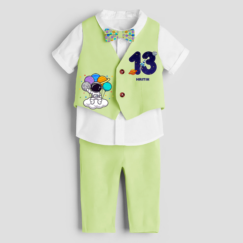 Thirteenth Year SpaceThemed Customized Waist Coat With Name For Kids - PASTEL GREEN - 1 Year Old (Waist Coat - Chest 22"/Pant Length 17"/Pant Waist 21")