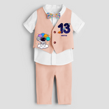 Thirteenth Year SpaceThemed Customized Waist Coat With Name For Kids - PEACH - 1 Year Old (Waist Coat - Chest 22"/Pant Length 17"/Pant Waist 21")