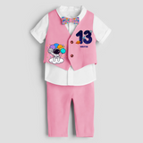 Thirteenth Year SpaceThemed Customized Waist Coat With Name For Kids - PINK - 1 Year Old (Waist Coat - Chest 22"/Pant Length 17"/Pant Waist 21")