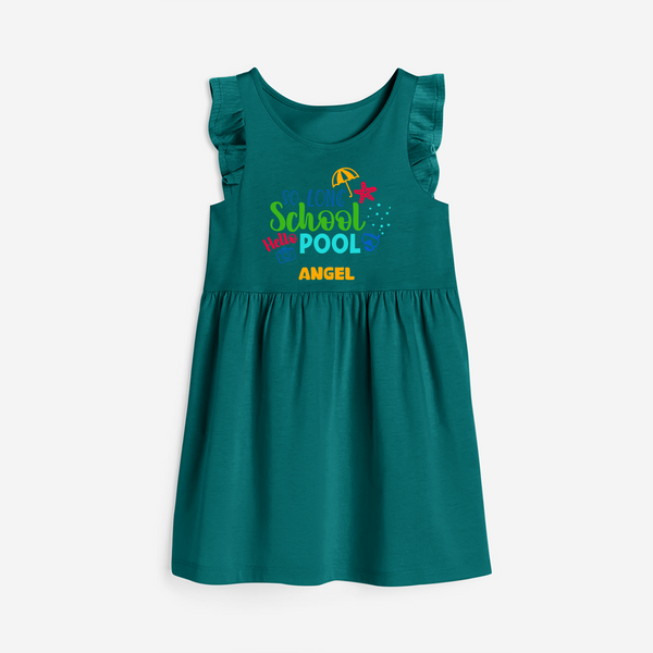 Beat the heat with our "So Long Shool Hello Pool" Customized Frock - MYRTLE GREEN - 0 - 6 Months Old (Chest 18")