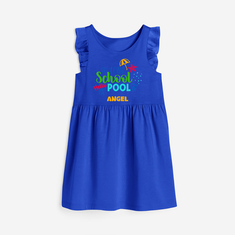 Beat the heat with our "So Long Shool Hello Pool" Customized Frock - ROYAL BLUE - 0 - 6 Months Old (Chest 18")