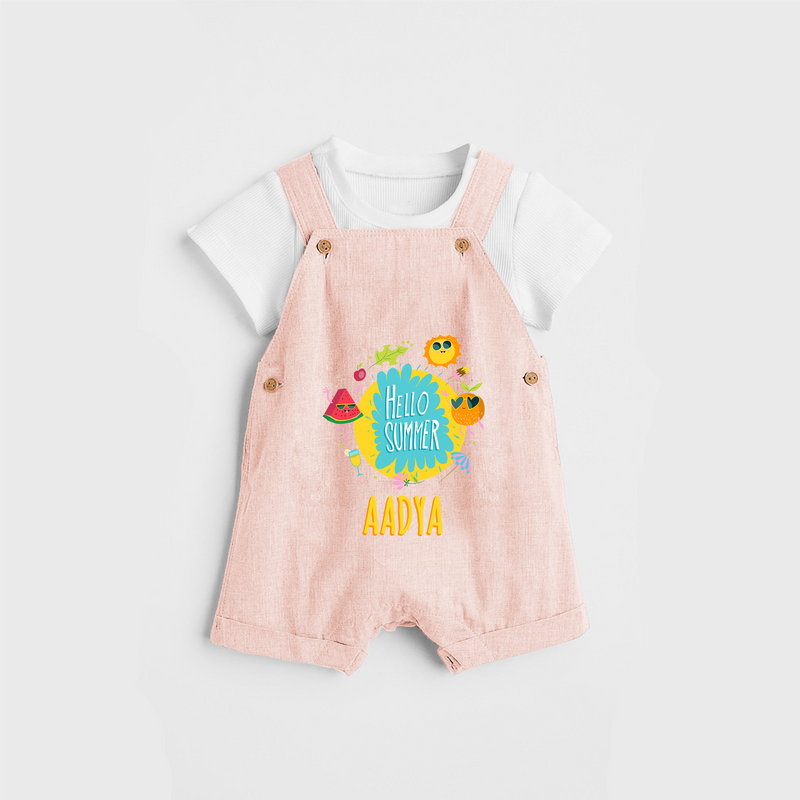 Sparkle like the sun in our "Hello Summer" Customized Kids Dungaree set - PEACH - 0 - 3 Months Old (Chest 17")