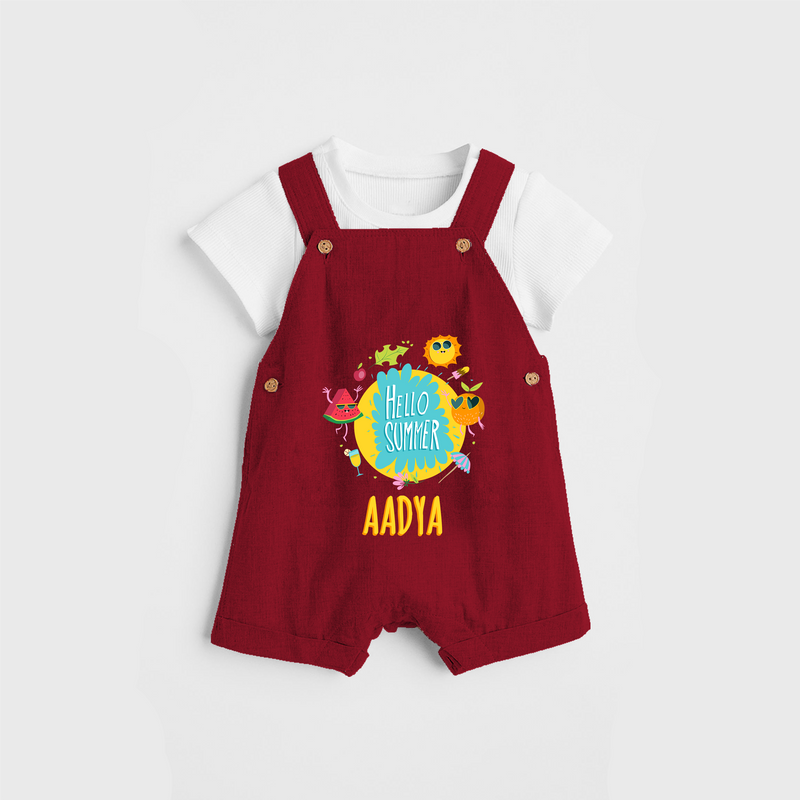 Sparkle like the sun in our "Hello Summer" Customized Kids Dungaree set - RED - 0 - 3 Months Old (Chest 17")