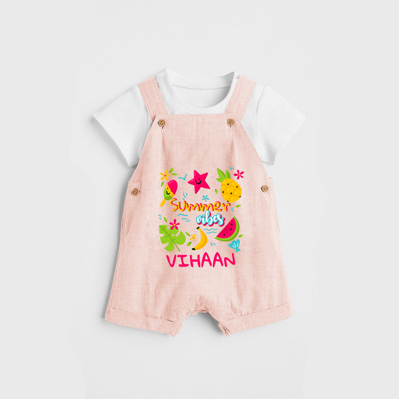 Surf the waves in our "Summer Vibes" Customized Kids Dungaree set - PEACH - 0 - 3 Months Old (Chest 17")