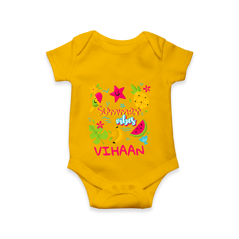 "Surf the waves in our "Summer Vibes" Customized Kids Romper" - CHROME YELLOW - 0 - 3 Months Old (Chest 16")