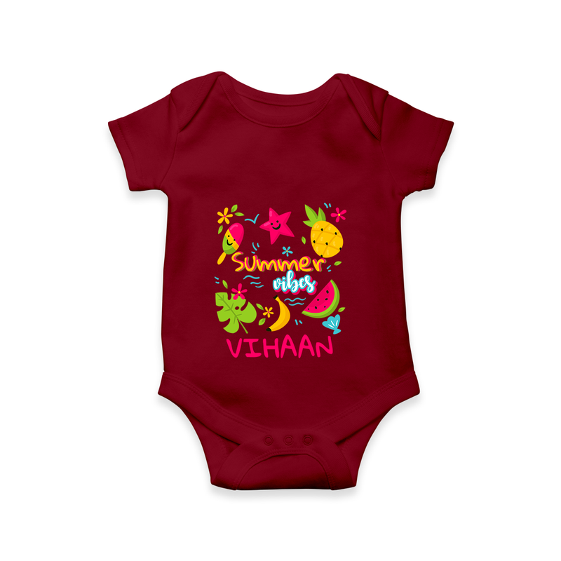 "Surf the waves in our "Summer Vibes" Customized Kids Romper" - MAROON - 0 - 3 Months Old (Chest 16")