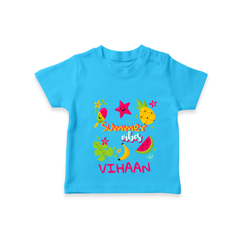 "Surf the waves in our "Summer Vibes" Customized Kids T-Shirt" - SKY BLUE - 0 - 5 Months Old (Chest 17")