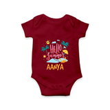 "Embrace the summer carnival with our "Hello Summer" Customized Kids Romper" - MAROON - 0 - 3 Months Old (Chest 16")
