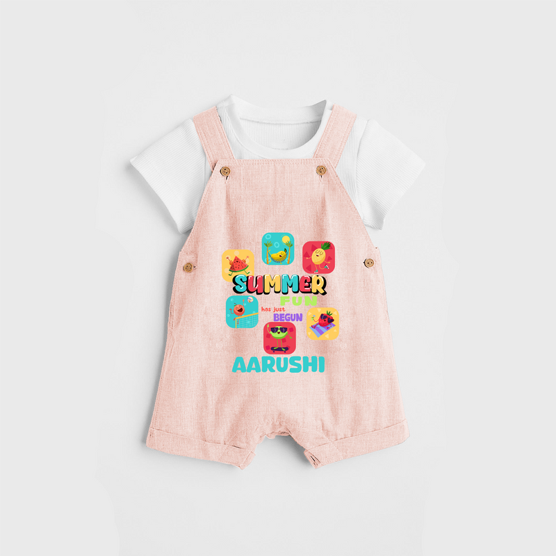 Soak up the sunshine in our "Summer Fun has just Begun" Customized Kids Dungaree set - PEACH - 0 - 3 Months Old (Chest 17")