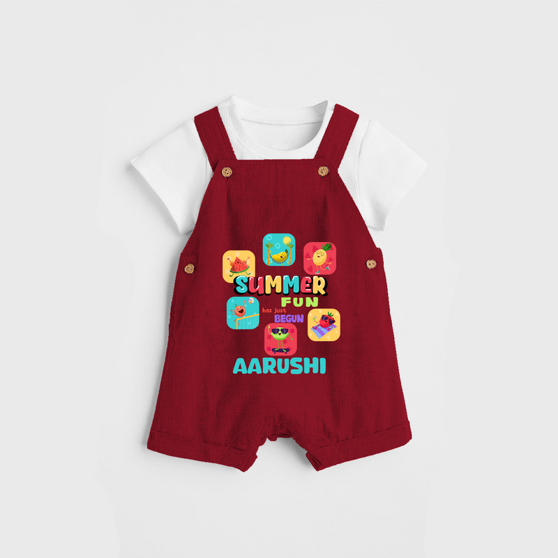 Soak up the sunshine in our "Summer Fun has just Begun" Customized Kids Dungaree set - RED - 0 - 3 Months Old (Chest 17")