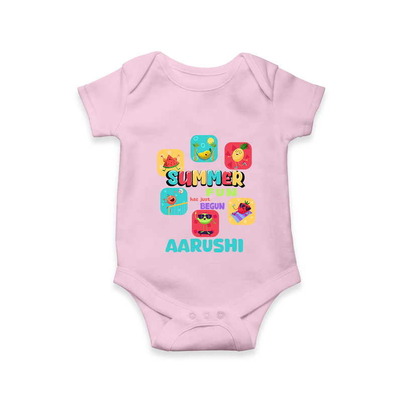 "Soak up the sunshine in our "Summer Fun has just Begun" Customized Kids Romper" - BABY PINK - 0 - 3 Months Old (Chest 16")