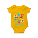 "Soak up the sunshine in our "Summer Fun has just Begun" Customized Kids Romper" - CHROME YELLOW - 0 - 3 Months Old (Chest 16")