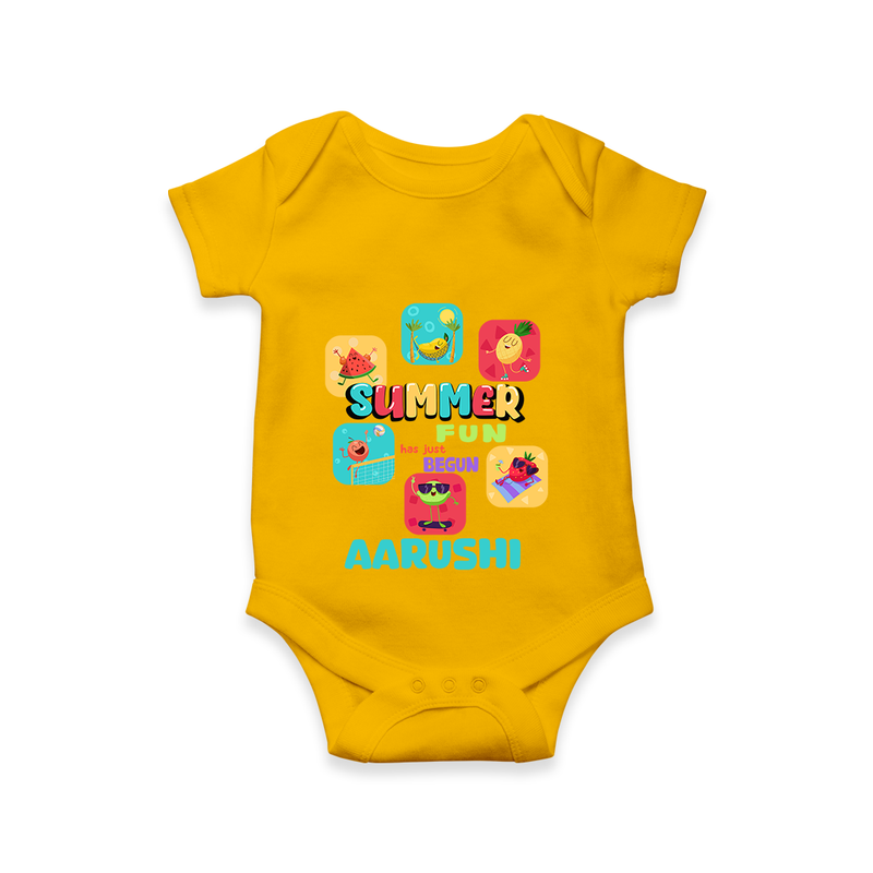"Soak up the sunshine in our "Summer Fun has just Begun" Customized Kids Romper" - CHROME YELLOW - 0 - 3 Months Old (Chest 16")