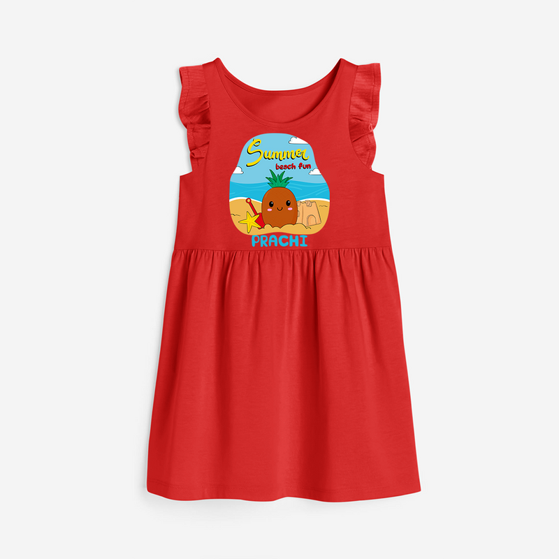 Discover hidden treasures in our "Summer Beach Fun" Customized Frock - RED - 0 - 6 Months Old (Chest 18")